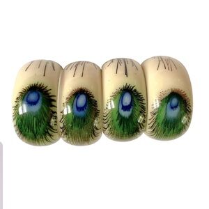 Peacock Feather Napkin Rings Set of 4 Hand Painted Handmade Resin Coating Table